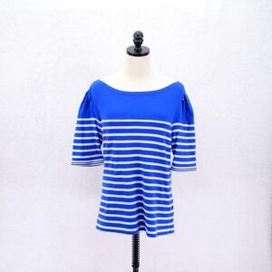 Lauren Ralph Lauren 2XL Blue White Striped Short Sleeved Crew Neck Cotton Shirt